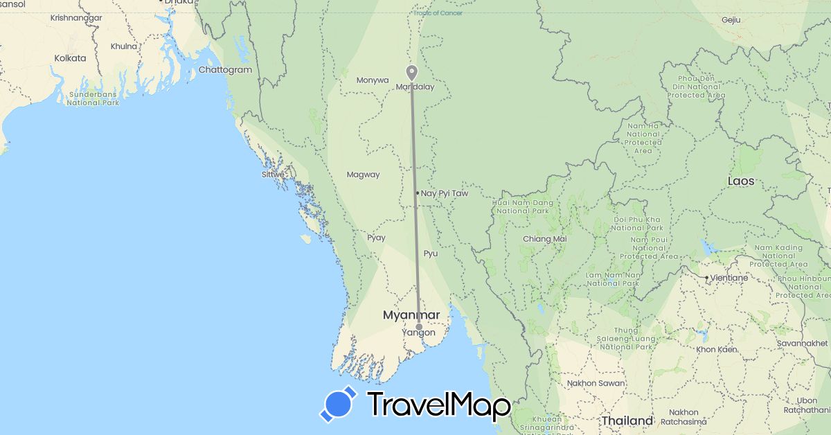 TravelMap itinerary: driving, plane in Myanmar (Burma) (Asia)